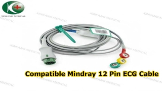 Watch:Compatible Mindray 12 Pin  ECG Cable 3 Leads Snap Type IEC  